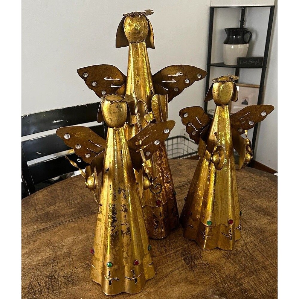 Set of 3 Gold Painted Metal Angel Figurines 20 inch 14 inch Christmas decor